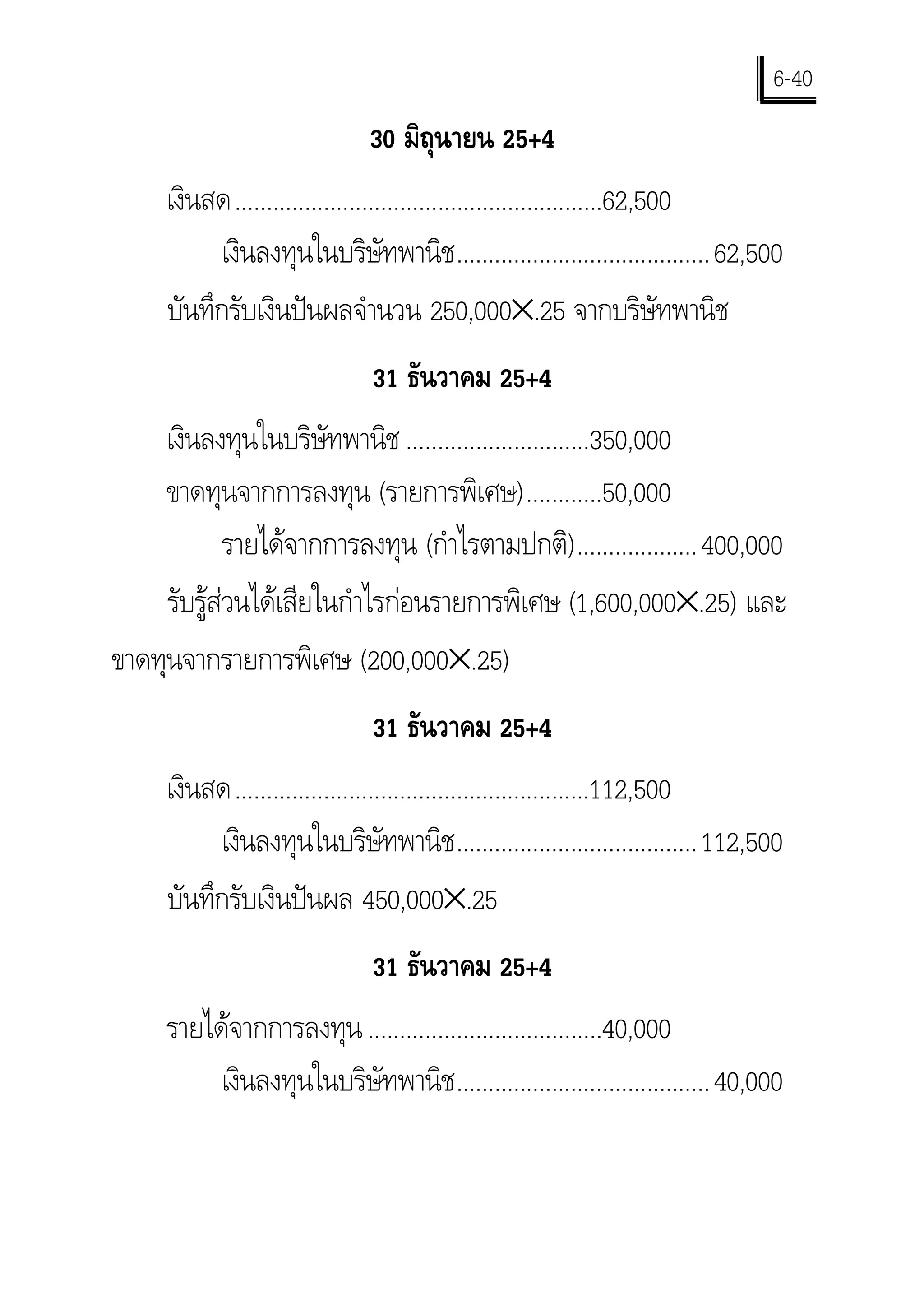6-40
                              30 มิถุนายน 25+4
     เงินสด..........................................................62,500
           เงินลงทุนในบริษัทพานิช ........................................ 62,500
     บันทึกรับเงินปนผลจํานวน 250,000×.25 จากบริษัทพานิช
                              31 ธันวาคม 25+4
     เงินลงทุนในบริษัทพานิช .............................350,000
     ขาดทุนจากการลงทุน (รายการพิเศษ)............50,000
             รายไดจากการลงทุน (กําไรตามปกติ) ................... 400,000
     รับรูสวนไดเสียในกําไรกอนรายการพิเศษ (1,600,000×.25) และ
ขาดทุนจากรายการพิเศษ (200,000×.25)
                              31 ธันวาคม 25+4
     เงินสด........................................................112,500
          เงินลงทุนในบริษัทพานิช ...................................... 112,500
     บันทึกรับเงินปนผล 450,000×.25
                              31 ธันวาคม 25+4
     รายไดจากการลงทุน .....................................40,000
          เงินลงทุนในบริษัทพานิช ........................................ 40,000
 