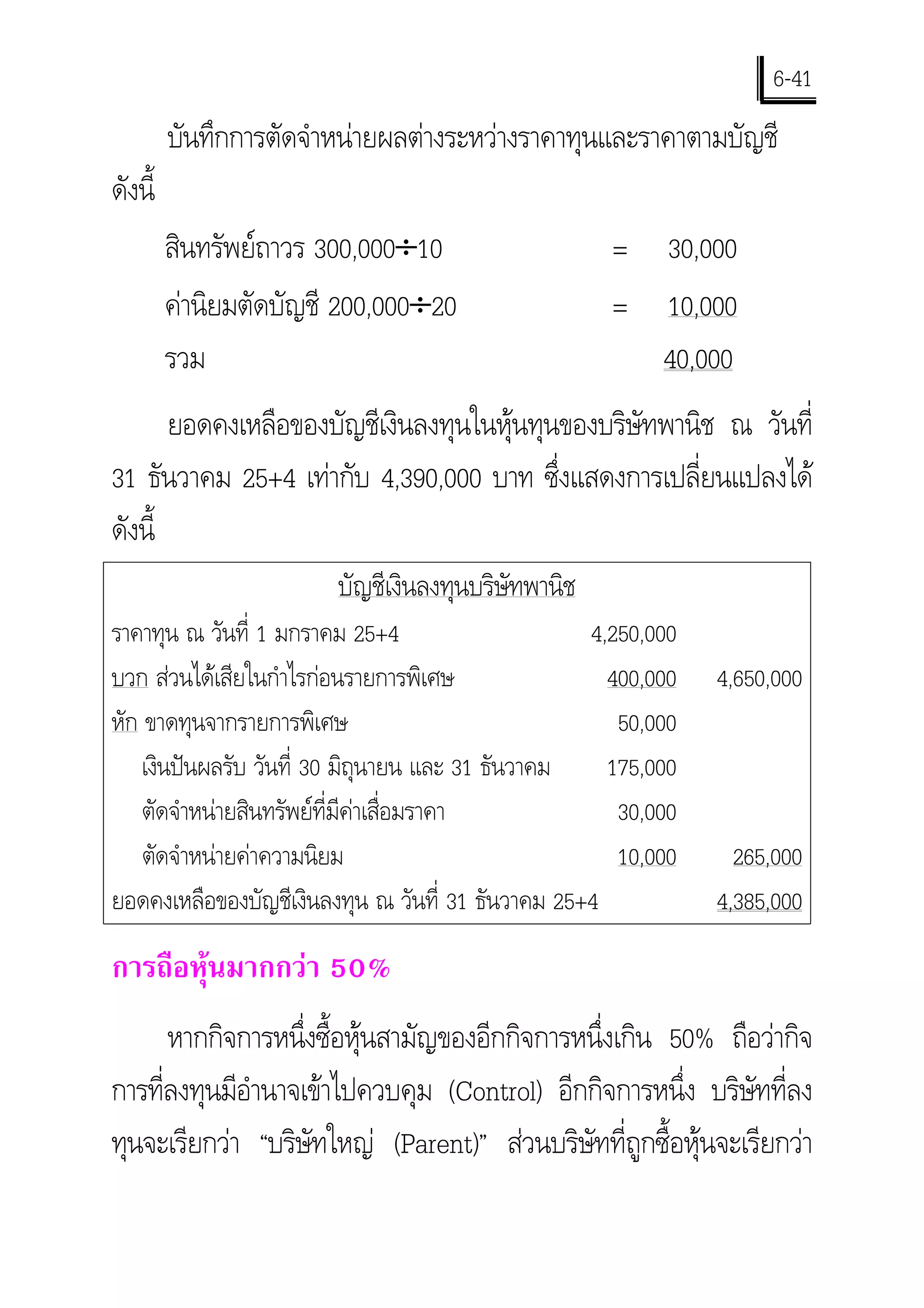 6-41
         บันทึกการตัดจําหนายผลตางระหวางราคาทุนและราคาตามบัญชี
ดังนี้
         สินทรัพยถาวร 300,000÷10                    = 30,000
         คานิยมตัดบัญชี 200,000÷20                  = 10,000
         รวม                                           40,000
       ยอดคงเหลือของบัญชีเงินลงทุนในหุนทุนของบริษัทพานิช ณ วันที่
31 ธันวาคม 25+4 เทากับ 4,390,000 บาท ซึ่งแสดงการเปลี่ยนแปลงได
ดังนี้
                        บัญชีเงินลงทุนบริษัทพานิช
ราคาทุน ณ วันที่ 1 มกราคม 25+4                     4,250,000
บวก สวนไดเสียในกําไรกอนรายการพิเศษ                400,000   4,650,000
หัก ขาดทุนจากรายการพิเศษ                              50,000
    เงินปนผลรับ วันที่ 30 มิถุนายน และ 31 ธันวาคม   175,000
    ตัดจําหนายสินทรัพยที่มีคาเสื่อมราคา            30,000
    ตัดจําหนายคาความนิยม                            10,000     265,000
ยอดคงเหลือของบัญชีเงินลงทุน ณ วันที่ 31 ธันวาคม 25+4           4,385,000
การถือหุนมากกวา 50%
       หากกิจการหนึ่งซื้อหุนสามัญของอีกกิจการหนึ่งเกิน 50% ถือวากิจ
การทีลงทุนมีอํานาจเขาไปควบคุม (Control) อีกกิจการหนึ่ง บริษัทที่ลง
     ่
ทุนจะเรียกวา “บริษัทใหญ (Parent)” สวนบริษัทที่ถูกซื้อหุนจะเรียกวา
 