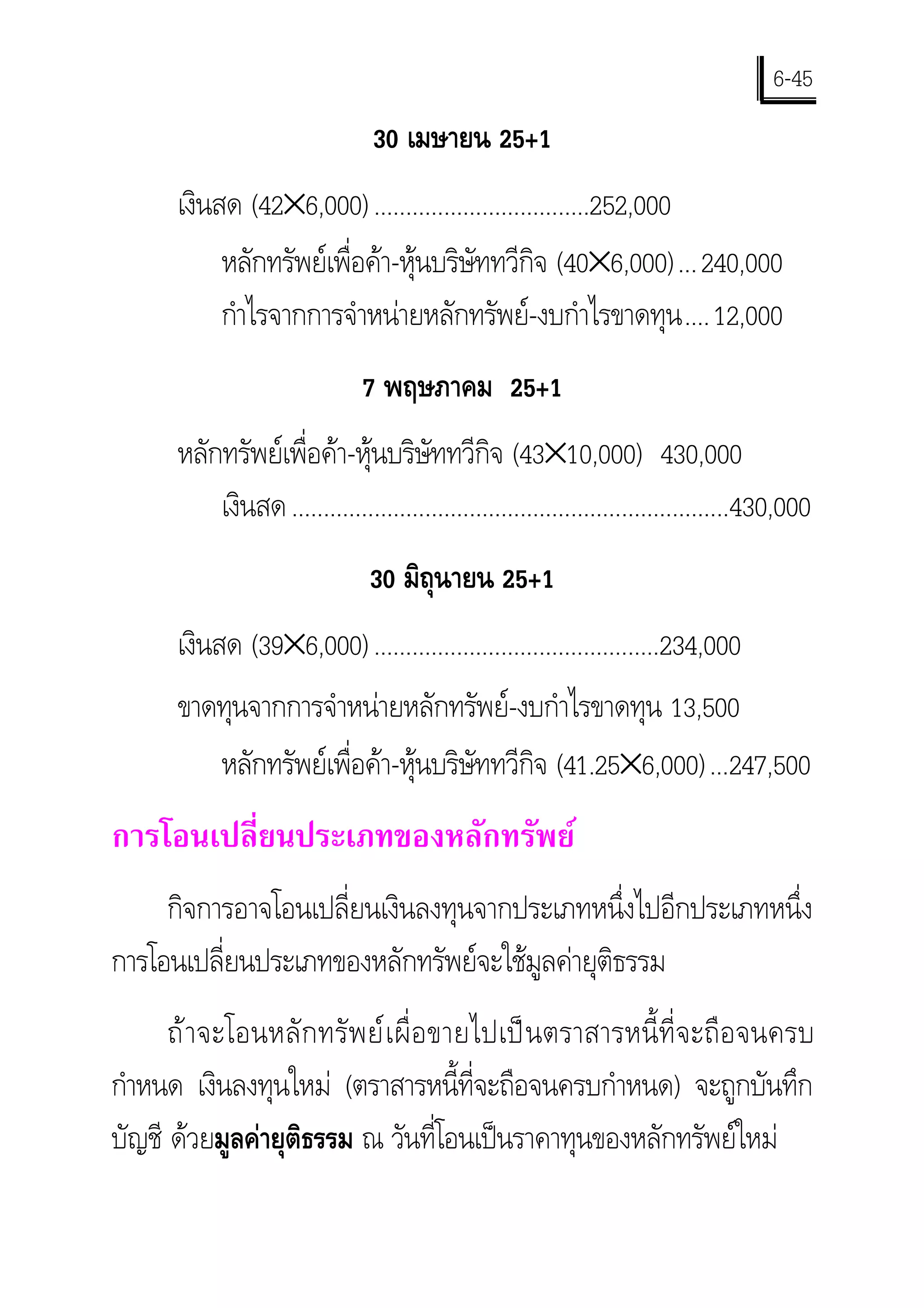 6-45
                                 30 เมษายน 25+1
       เงินสด (42×6,000) ..................................252,000
            หลักทรัพยเพื่อคา-หุนบริษัททวีกิจ (40×6,000)... 240,000
            กําไรจากการจําหนายหลักทรัพย-งบกําไรขาดทุน .... 12,000
                                7 พฤษภาคม 25+1
       หลักทรัพยเพื่อคา-หุนบริษัททวีกิจ (43×10,000) 430,000
           เงินสด .....................................................................430,000
                                 30 มิถุนายน 25+1
       เงินสด (39×6,000) .............................................234,000
       ขาดทุนจากการจําหนายหลักทรัพย-งบกําไรขาดทุน 13,500
          หลักทรัพยเพื่อคา-หุนบริษัททวีกิจ (41.25×6,000)...247,500
การโอนเปลี่ยนประเภทของหลักทรัพย
     กิจการอาจโอนเปลี่ยนเงินลงทุนจากประเภทหนึ่งไปอีกประเภทหนึ่ง
การโอนเปลี่ยนประเภทของหลักทรัพยจะใชมูลคายุติธรรม
      ถ า จะโอนหลั ก ทรั พ ย เ ผื่ อ ขายไปเป น ตราสารหนี้ ที่ จ ะถื อ จนครบ
กําหนด เงินลงทุนใหม (ตราสารหนี้ที่จะถือจนครบกําหนด) จะถูกบันทึก
บัญชี ดวยมูลคายุติธรรม ณ วันที่โอนเปนราคาทุนของหลักทรัพยใหม
 