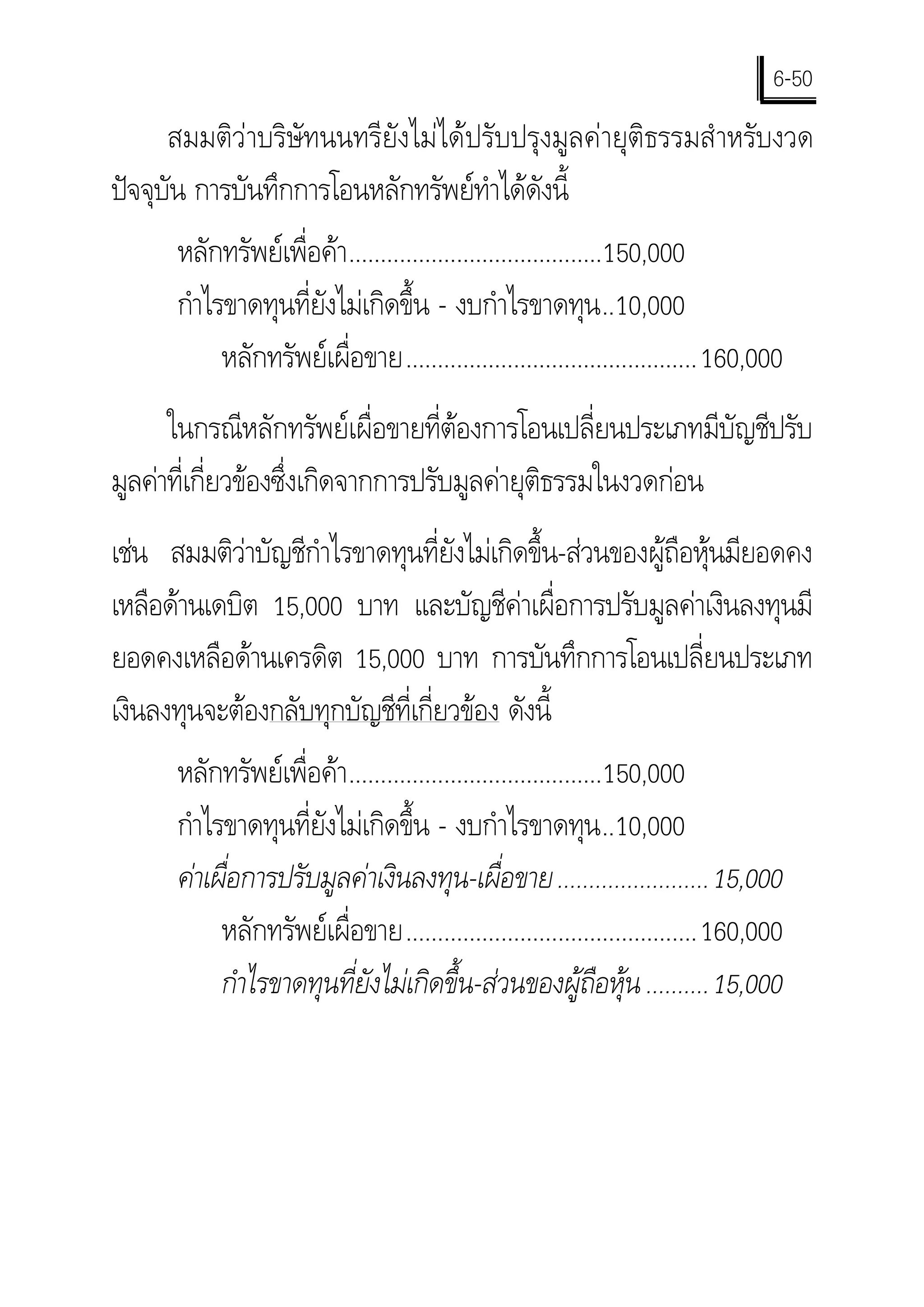 6-50
      สมมติวาบริษัทนนทรียังไมไดปรับปรุงมูลคายุติธรรมสํ าหรับงวด
ปจจุบัน การบันทึกการโอนหลักทรัพยทําไดดังนี้
      หลักทรัพยเพื่อคา........................................150,000
      กําไรขาดทุนที่ยังไมเกิดขึ้น - งบกําไรขาดทุน ..10,000
           หลักทรัพยเผื่อขาย.............................................. 160,000
      ในกรณีหลักทรัพยเผื่อขายที่ตองการโอนเปลี่ยนประเภทมีบัญชีปรับ
มูลคาที่เกี่ยวของซึ่งเกิดจากการปรับมูลคายุติธรรมในงวดกอน
เชน สมมติวาบัญชีกําไรขาดทุนที่ยงไมเกิดขึ้น-สวนของผูถือหุนมียอดคง
                                   ั
เหลือดานเดบิต 15,000 บาท และบัญชีคาเผื่อการปรับมูลคาเงินลงทุนมี
ยอดคงเหลือดานเครดิต 15,000 บาท การบันทึกการโอนเปลี่ยนประเภท
เงินลงทุนจะตองกลับทุกบัญชีที่เกี่ยวของ ดังนี้
      หลักทรัพยเพื่อคา........................................150,000
      กําไรขาดทุนที่ยังไมเกิดขึ้น - งบกําไรขาดทุน ..10,000
      คาเผื่อการปรับมูลคาเงินลงทุน-เผื่อขาย ........................ 15,000
           หลักทรัพยเผื่อขาย.............................................. 160,000
           กําไรขาดทุนที่ยังไมเกิดขึ้น-สวนของผูถือหุน .......... 15,000
 