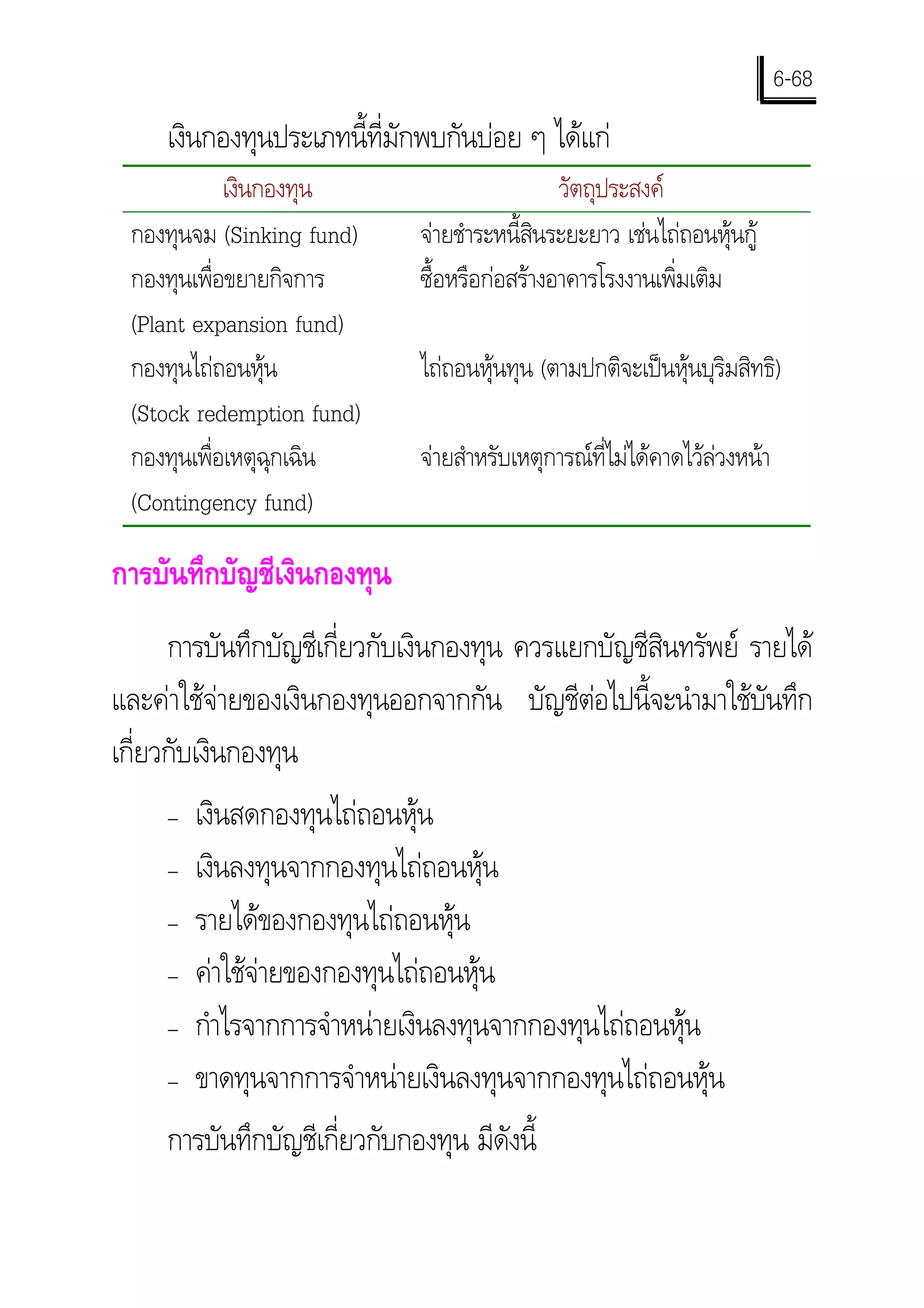 6-68
     เงินกองทุนประเภทนี้ที่มักพบกันบอย ๆ ไดแก
            เงินกองทุน                          วัตถุประสงค
 กองทุนจม (Sinking fund)       จายชําระหนี้สินระยะยาว เชนไถถอนหุนกู
 กองทุนเพื่อขยายกิจการ         ซื้อหรือกอสรางอาคารโรงงานเพิ่มเติม
 (Plant expansion fund)
 กองทุนไถถอนหุน              ไถถอนหุนทุน (ตามปกติจะเปนหุนบุริมสิทธิ)
 (Stock redemption fund)
 กองทุนเพื่อเหตุฉุกเฉิน        จายสําหรับเหตุการณที่ไมไดคาดไวลวงหนา
 (Contingency fund)

การบันทึกบัญชีเงินกองทุน
      การบันทึกบัญชีเกี่ยวกับเงินกองทุน ควรแยกบัญชีสินทรัพย รายได
และคาใชจายของเงินกองทุนออกจากกัน บัญชีตอไปนี้จะนํามาใชบันทึก
เกี่ยวกับเงินกองทุน
     −   เงินสดกองทุนไถถอนหุน
     −   เงินลงทุนจากกองทุนไถถอนหุน
     −   รายไดของกองทุนไถถอนหุน
     −   คาใชจายของกองทุนไถถอนหุน
     −   กําไรจากการจําหนายเงินลงทุนจากกองทุนไถถอนหุน
     −   ขาดทุนจากการจําหนายเงินลงทุนจากกองทุนไถถอนหุน
     การบันทึกบัญชีเกี่ยวกับกองทุน มีดังนี้
 
