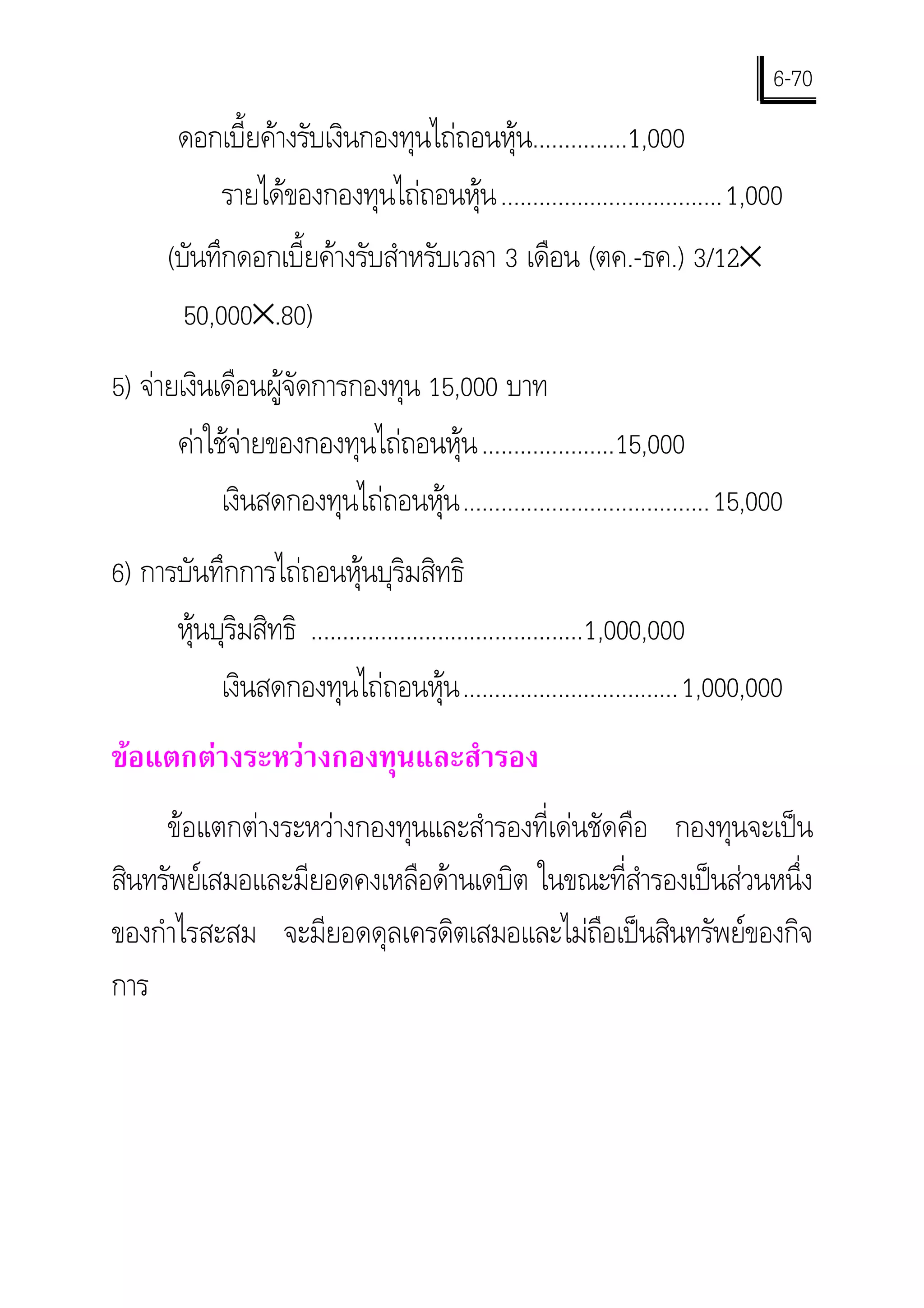 6-70
       ดอกเบี้ยคางรับเงินกองทุนไถถอนหุน...............1,000
          รายไดของกองทุนไถถอนหุน ...................................1,000
      (บันทึกดอกเบี้ยคางรับสําหรับเวลา 3 เดือน (ตค.-ธค.) 3/12×
        50,000×.80)
5) จายเงินเดือนผูจัดการกองทุน 15,000 บาท
       คาใชจายของกองทุนไถถอนหุน .....................15,000
            เงินสดกองทุนไถถอนหุน ....................................... 15,000
6) การบันทึกการไถถอนหุนบุริมสิทธิ
      หุนบุริมสิทธิ ...........................................1,000,000
           เงินสดกองทุนไถถอนหุน .................................. 1,000,000
ขอแตกตางระหวางกองทุนและสํารอง
     ขอแตกตางระหวางกองทุนและสํารองที่เดนชัดคือ กองทุนจะเปน
สินทรัพยเสมอและมียอดคงเหลือดานเดบิต ในขณะที่สํารองเปนสวนหนึ่ง
ของกําไรสะสม จะมียอดดุลเครดิตเสมอและไมถือเปนสินทรัพยของกิจ
การ
 