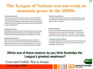21
The League of Nations was too weak to
    maintain peace in the 1930s




 Which one of these reasons do you think illustrates the
            League’s greatest weakness?
                                                           Back
Crisis and Conflict: War in Europe
 Copyright 2006
 