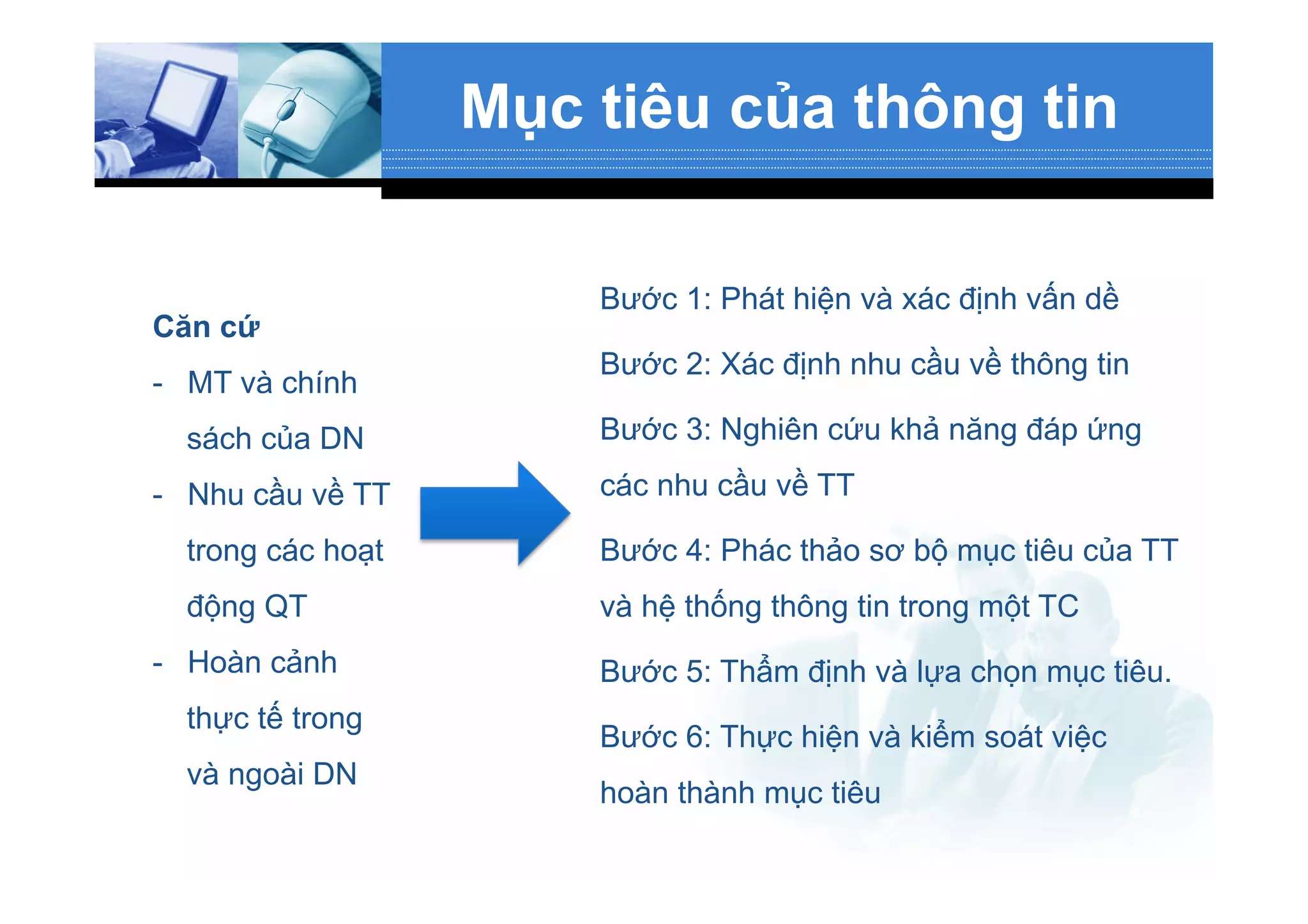 Mục tiêu của thông tin
Căn cứ
-  MT và chính
sách của DN
-  Nhu cầu về TT
trong các hoạt
động QT
-  Hoàn cảnh
thực tế trong
và ngoài DN
Bước 1: Phát hiện và xác định vấn dề
Bước 2: Xác định nhu cầu về thông tin
Bước 3: Nghiên cứu khả năng đáp ứng
các nhu cầu về TT
Bước 4: Phác thảo sơ bộ mục tiêu của TT
và hệ thống thông tin trong một TC
Bước 5: Thẩm định và lựa chọn mục tiêu.
Bước 6: Thực hiện và kiểm soát việc
hoàn thành mục tiêu
 