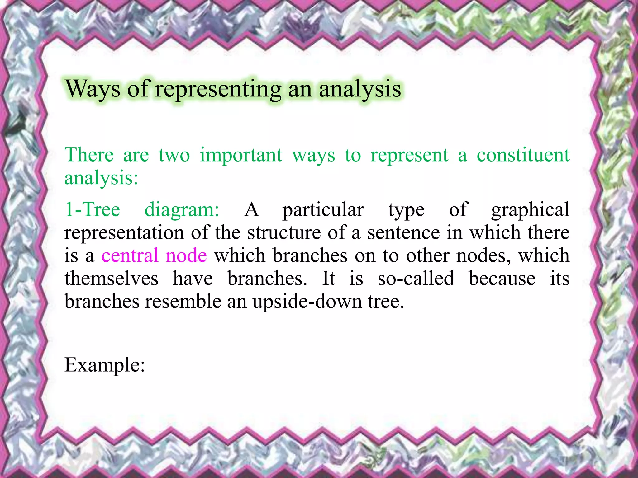 Ways of representing an analysis
There are two important ways to represent a constituent
analysis:
1-Tree diagram: A particular type of graphical
representation of the structure of a sentence in which there
is a central node which branches on to other nodes, which
themselves have branches. It is so-called because its
branches resemble an upside-down tree.
Example:
 