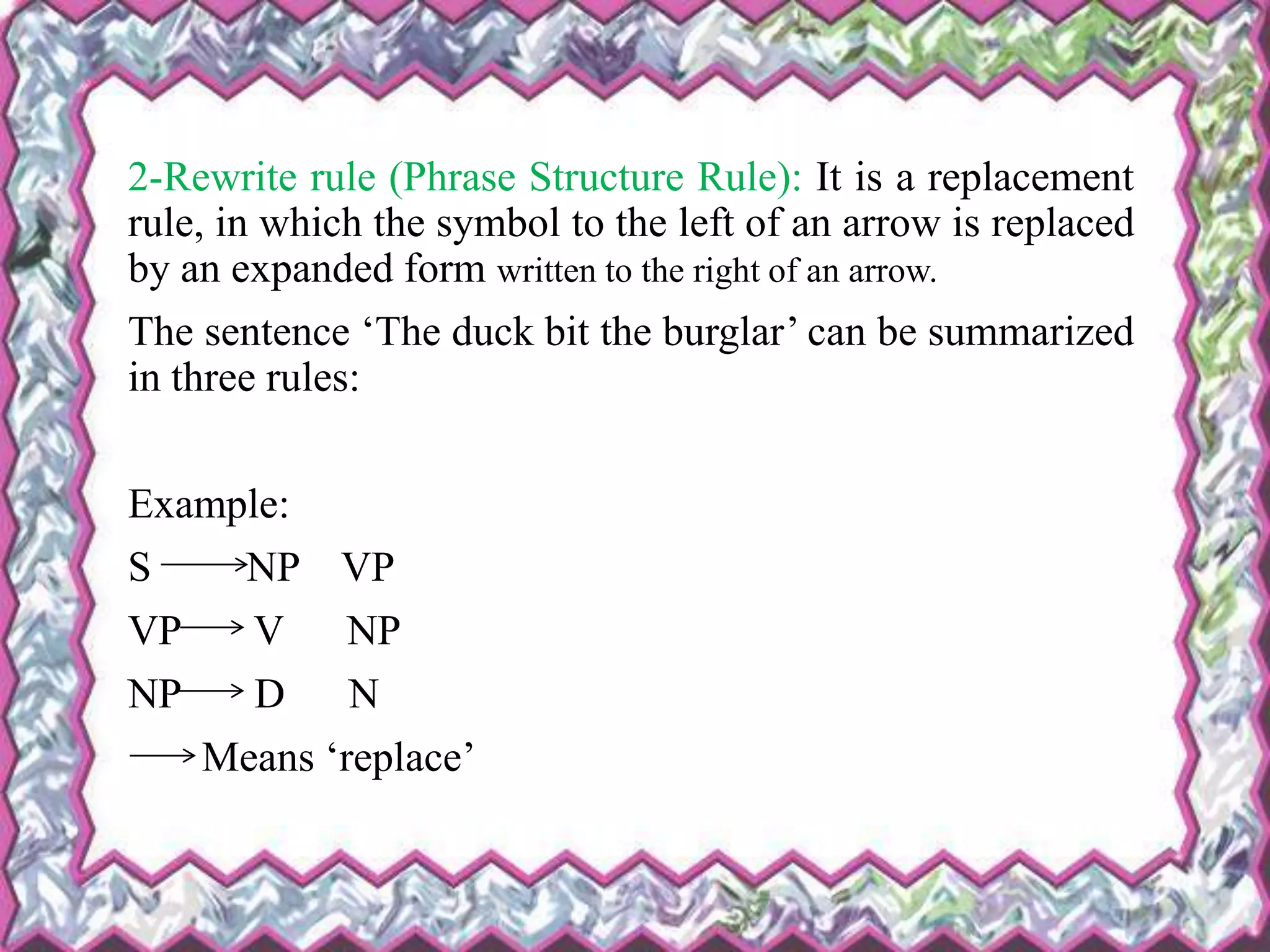 2-Rewrite rule (Phrase Structure Rule): It is a replacement
rule, in which the symbol to the left of an arrow is replaced
by an expanded form written to the right of an arrow.
The sentence ‘The duck bit the burglar’ can be summarized
in three rules:
Example:
S NP VP
VP V NP
NP D N
Means ‘replace’
 