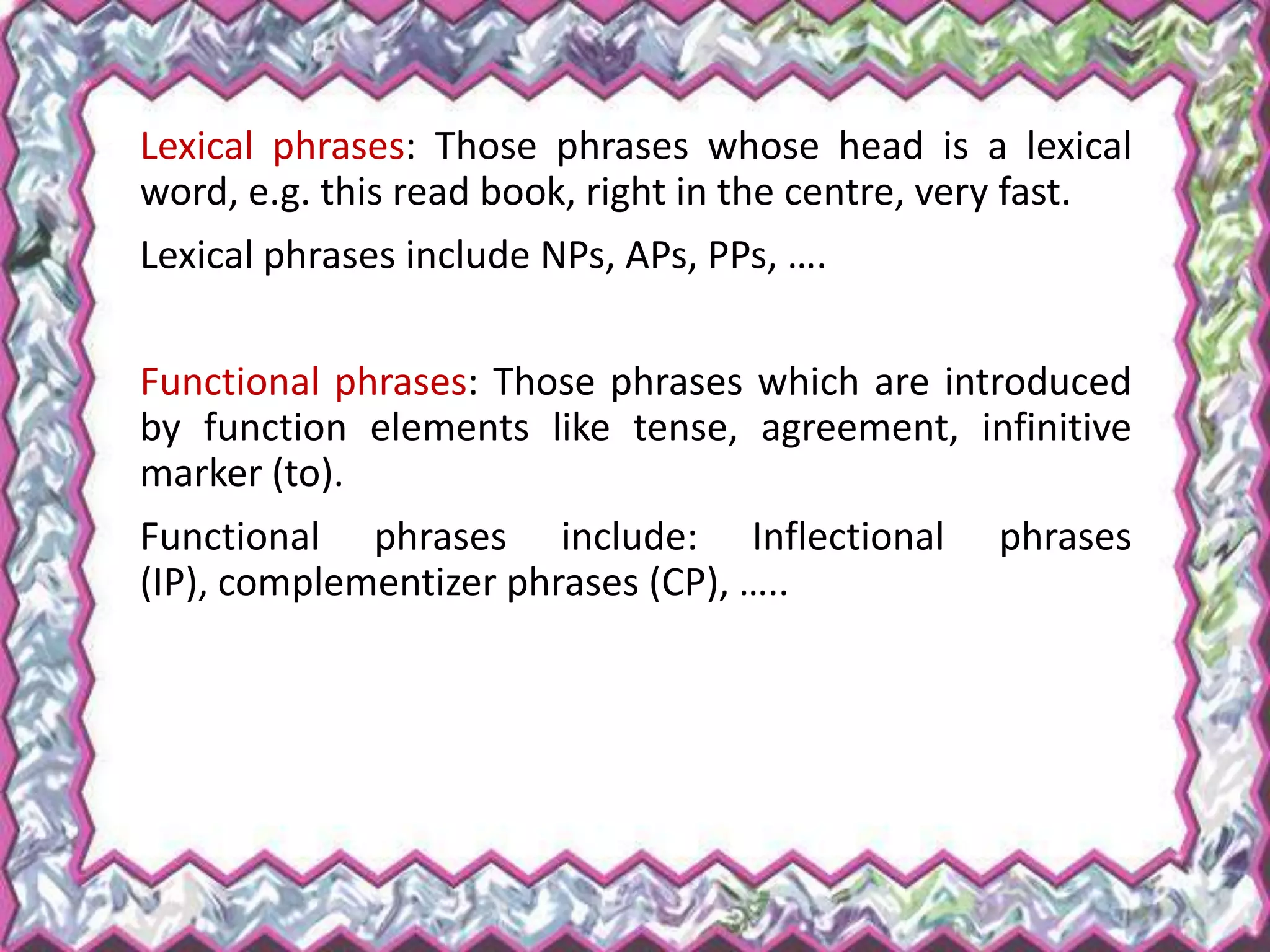 Lexical phrases: Those phrases whose head is a lexical
word, e.g. this read book, right in the centre, very fast.
Lexical phrases include NPs, APs, PPs, ….
Functional phrases: Those phrases which are introduced
by function elements like tense, agreement, infinitive
marker (to).
Functional phrases include: Inflectional phrases
(IP), complementizer phrases (CP), …..
 