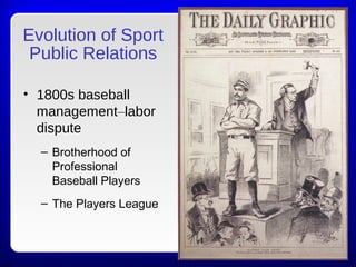 Evolution of Sport
Public Relations
• 1800s baseball
management–labor
dispute
– Brotherhood of
Professional
Baseball Players
– The Players League
 