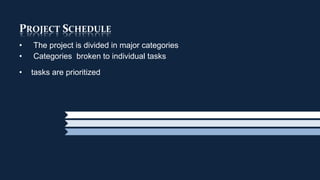 • The project is divided in major categories
• Categories broken to individual tasks
• tasks are prioritized
 