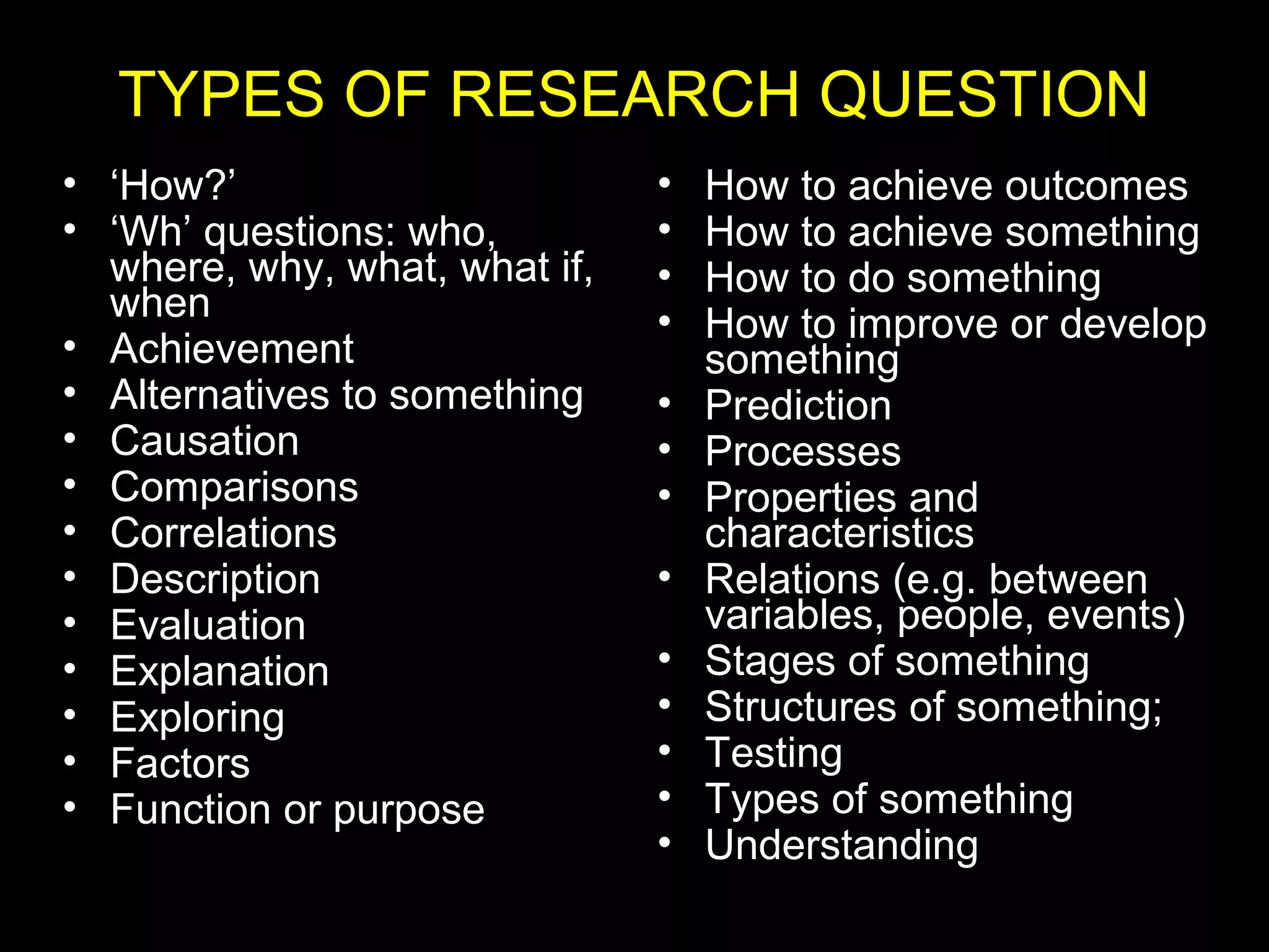 • ‘How?’
• ‘Wh’ questions: who,
where, why, what, what if,
when
• Achievement
• Alternatives to something
• Causation
• Comparisons
• Correlations
• Description
• Evaluation
• Explanation
• Exploring
• Factors
• Function or purpose
• How to achieve outcomes
• How to achieve something
• How to do something
• How to improve or develop
something
• Prediction
• Processes
• Properties and
characteristics
• Relations (e.g. between
variables, people, events)
• Stages of something
• Structures of something;
• Testing
• Types of something
• Understanding
TYPES OF RESEARCH QUESTION
 