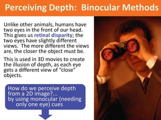 Perceiving Depth: Binocular Methods
Unlike other animals, humans have
two eyes in the front of our head.
This gives us retinal disparity; the
two eyes have slightly different
views. The more different the views
are, the closer the object must be.
This is used in 3D movies to create
the illusion of depth, as each eye
gets a different view of “close”
objects.
How do we perceive depth
from a 2D image?...
by using monocular (needing
only one eye) cues
 