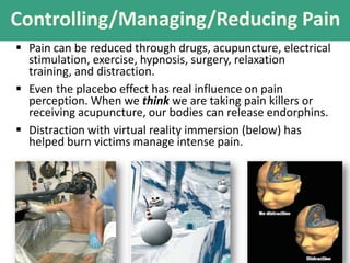 Controlling/Managing/Reducing Pain
 Pain can be reduced through drugs, acupuncture, electrical
stimulation, exercise, hypnosis, surgery, relaxation
training, and distraction.
 Even the placebo effect has real influence on pain
perception. When we think we are taking pain killers or
receiving acupuncture, our bodies can release endorphins.
 Distraction with virtual reality immersion (below) has
helped burn victims manage intense pain.
 