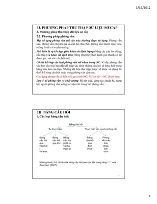 1/19/2012

II. PHƯƠNG PHÁP THU THẬP DỮ LIỆU SƠ CẤP
2. Phương pháp thu thập dữ liệu sơ cấp
2.2. Phương pháp phỏng vấn:
Một số dạng phỏng vấn phi cấu trúc thường được sử dụng: Phỏng vấn
sâu, phỏng vấn chuyên gia và cán bộ chủ chốt, phỏng vấn nhóm mục tiêu,
tường thuật và truyền miệng.
Phổ biến là sự kết hợp giữa khảo sát định lượng (bằng các câu hỏi đóng,
cấu trúc) và khảo sát định tính (bằng phương pháp đánh giá nhanh có sự
tham gia, với các câu hỏi mở).
Có thể kết hợp các loại phỏng vấn với nhau trong NC. Ví dụ: phỏng vấn
sâu/bán cấu trúc ban đầu để giúp xác định những câu hỏi sẽ được hỏi trong
bảng câu hỏi của bạn. Những dữ liệu thu thập được sẽ được sử dụng để
thiết kế bảng câu hỏi hoặc trong phỏng vấn cấu trúc.
Các dạng phỏng vấn đi liền với quá trình NC: NC sơ bộ - NC chính thức
Lưu ý để phỏng vấn có chất lượng: Độ tin cậy, công tác chuẩn bị, năng
lực người phỏng vấn, công tác hậu cần trong lúc phỏng vấn, ..
13

III. BẢNG CÂU HỎI
1. Các loại bảng câu hỏi:
B ng câu h i
T th c hi n

B ng
câu h i
qua
Internet
/
intranet

B ng
câu h i
qua thư

Th c hi n b i ngư i ph ng v n

B ng
câu h i
phát ra
và thu
th p l i

B ng
câu h i
qua
đi n
tho i

Ph ng
v nc u
trúc
(theo
l ch
trình

Nh ng thu c tính chính c a b ng câu h i (xem chi ti t trong b ng 11.1 c a
Saunders (2007)

14

7

 