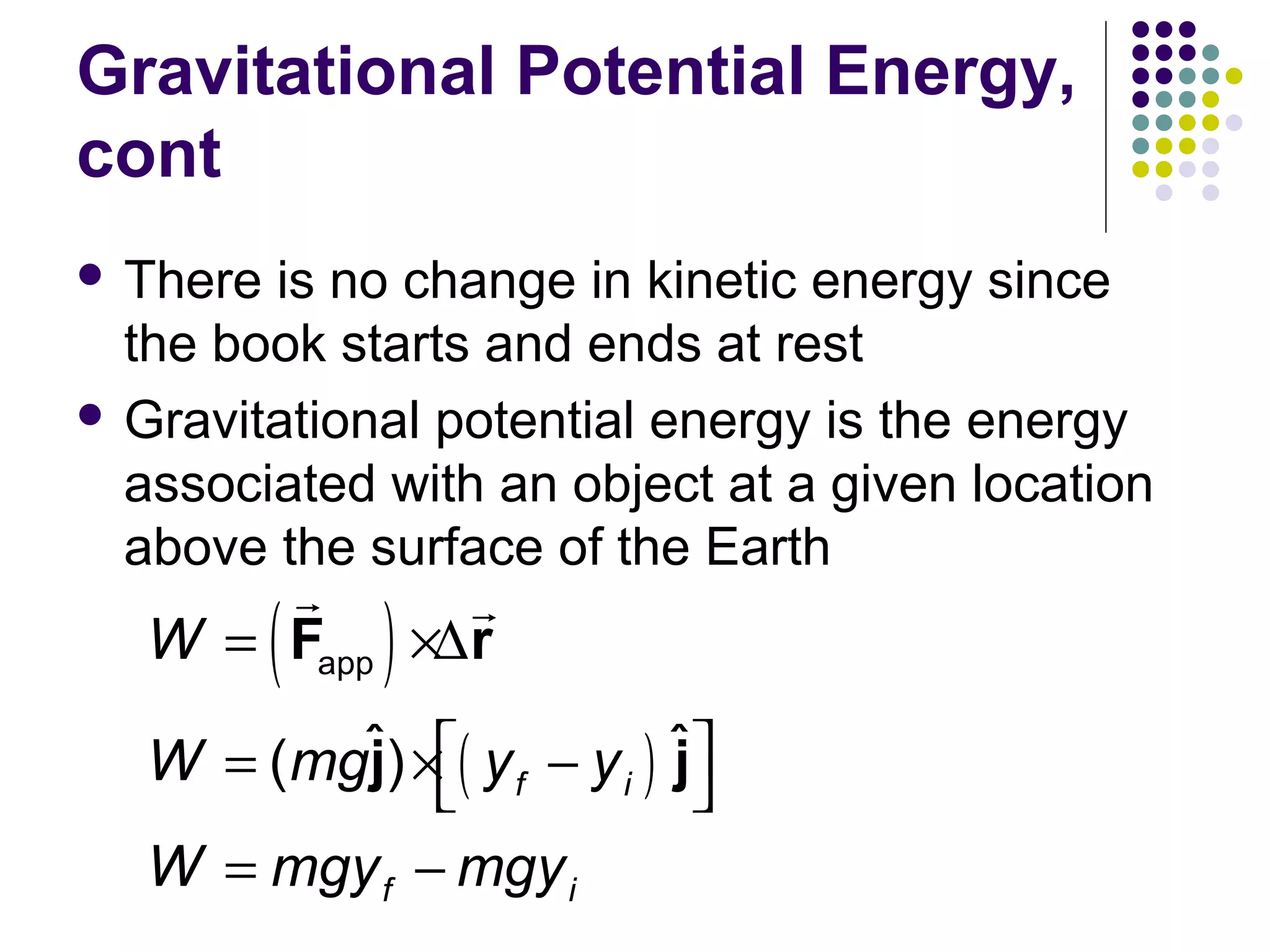 Gravitational Potential Energy,
cont
 There

is no change in kinetic energy since
the book starts and ends at rest
 Gravitational potential energy is the energy
associated with an object at a given location
above the surface of the Earth

r
r
W = Fapp ×∆ r

(

)

W = (mgˆ) ×( y f − y i ) ˆ 
j 
j
W = mgy f − mgy i

 