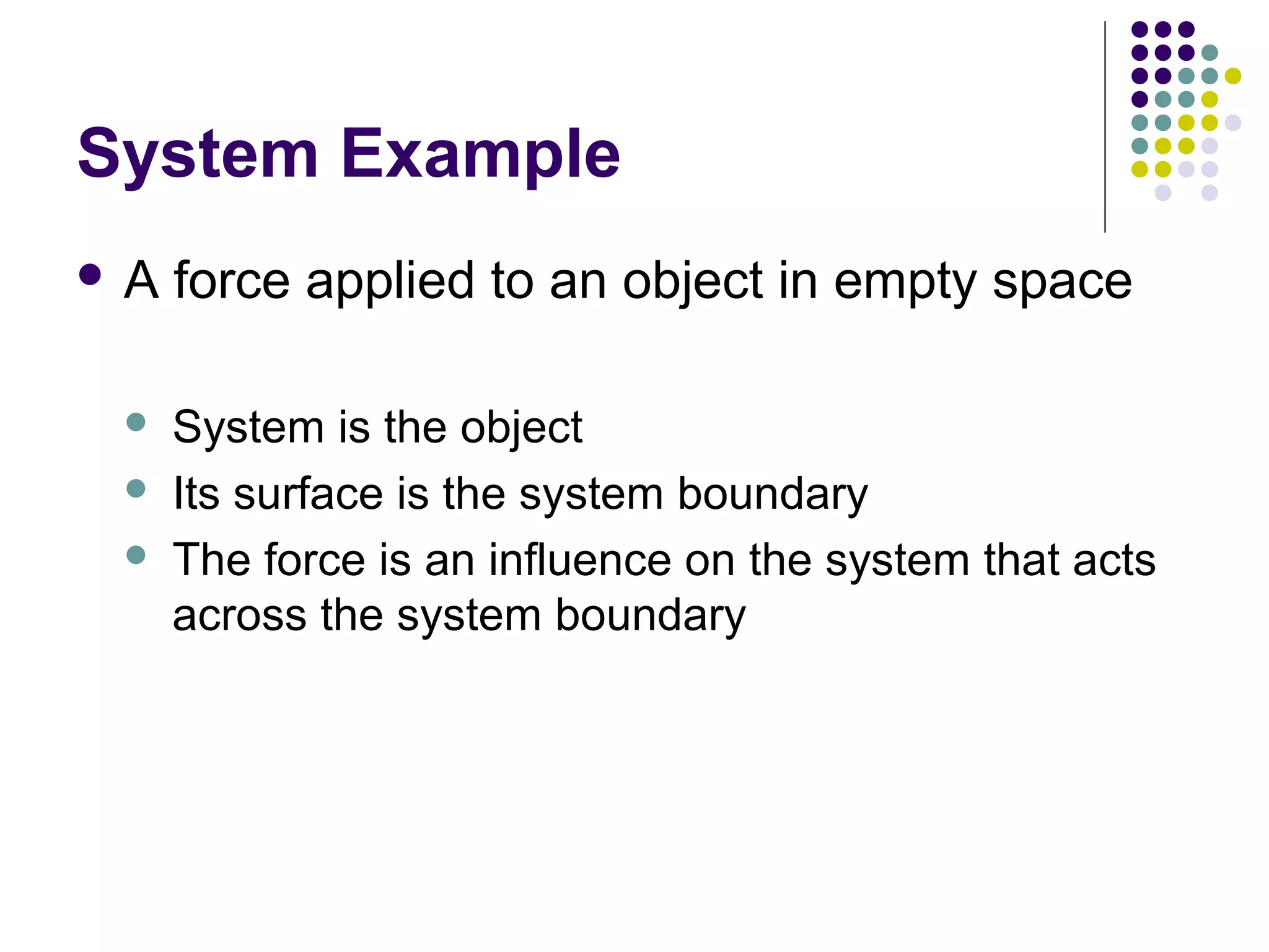System Example
A





force applied to an object in empty space
System is the object
Its surface is the system boundary
The force is an influence on the system that acts
across the system boundary

 