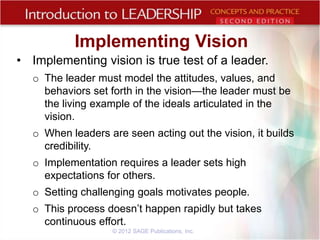 Implementing Vision
• Implementing vision is true test of a leader.
o The leader must model the attitudes, values, and
behaviors set forth in the vision—the leader must be
the living example of the ideals articulated in the
vision.
o When leaders are seen acting out the vision, it builds
credibility.
o Implementation requires a leader sets high
expectations for others.

o Setting challenging goals motivates people.
o This process doesn’t happen rapidly but takes
continuous effort.
© 2012 SAGE Publications, Inc.

 