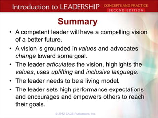 Summary
• A competent leader will have a compelling vision
of a better future.
• A vision is grounded in values and advocates
change toward some goal.
• The leader articulates the vision, highlights the
values, uses uplifting and inclusive language.
• The leader needs to be a living model.
• The leader sets high performance expectations
and encourages and empowers others to reach
their goals.
© 2012 SAGE Publications, Inc.

 