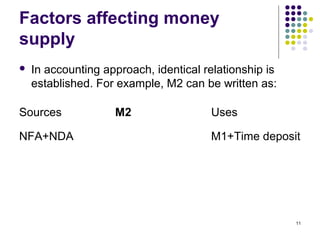 Factors affecting money
supply
 In accounting approach, identical relationship is
established. For example, M2 can be written as:
Sources M2 Uses
NFA+NDA M1+Time deposit
11
 