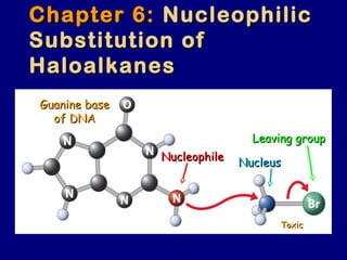 Chapter 6:Chapter 6: NucleophilicNucleophilic
Substitution ofSubstitution of
HaloalkanesHaloalkanes
Guanine baseGuanine base
of DNAof DNA
Leaving groupLeaving group
NucleusNucleusNucleophileNucleophile
ToxicToxic
 
