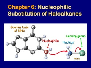 Chapter 6: Nucleophilic
Substitution of Haloalkanes
Guanine base
of DNA
Leaving group
Nucleus
Nucleophile
Toxic
 