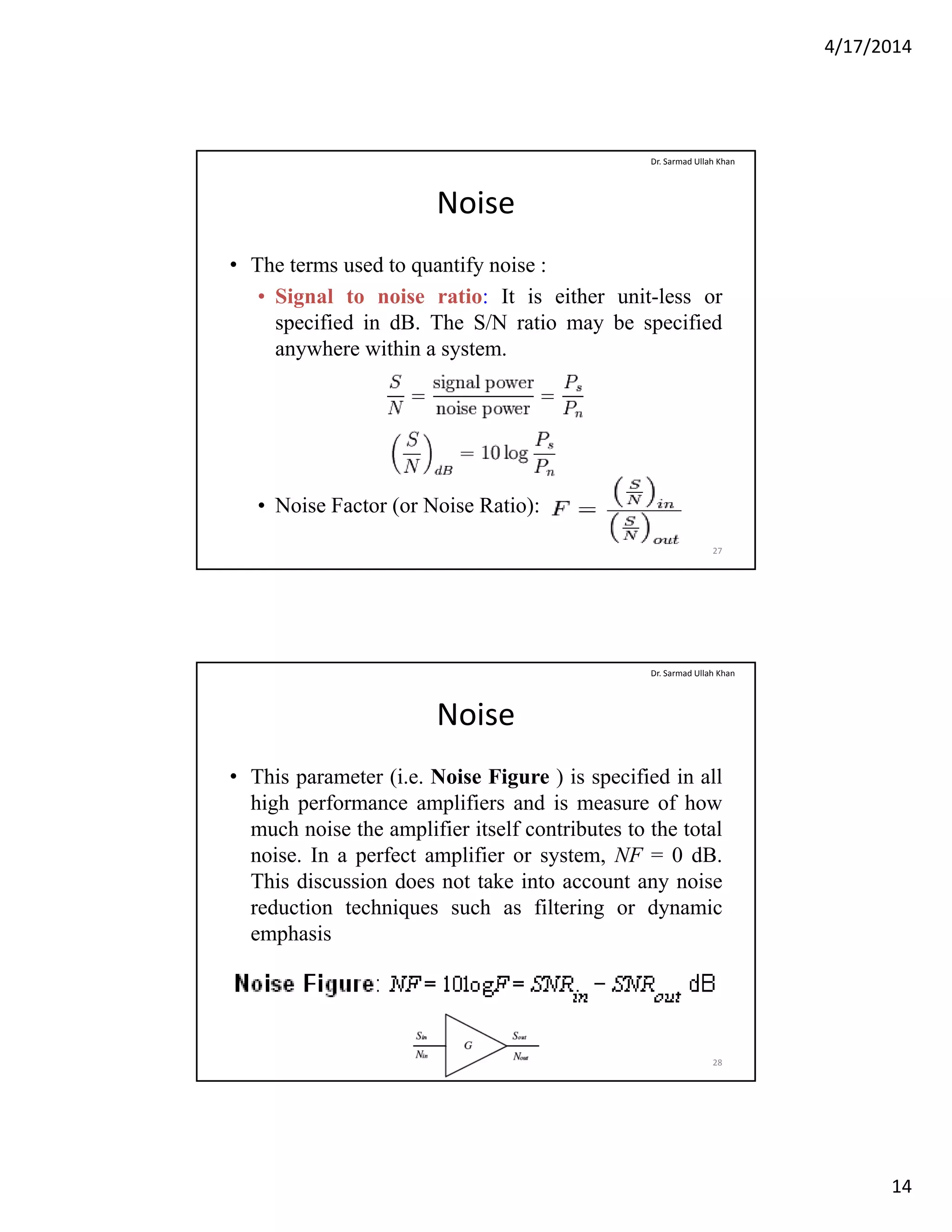 4/17/2014
14
Noise
• The terms used to quantify noise :
Si l t i ti I i i h i l
Dr. Sarmad Ullah Khan
• Signal to noise ratio: It is either unit-less or
specified in dB. The S/N ratio may be specified
anywhere within a system.
• Noise Factor (or Noise Ratio):
27
Noise
• This parameter (i.e. Noise Figure ) is specified in all
high performance amplifiers and is measure of how
Dr. Sarmad Ullah Khan
high performance amplifiers and is measure of how
much noise the amplifier itself contributes to the total
noise. In a perfect amplifier or system, NF = 0 dB.
This discussion does not take into account any noise
reduction techniques such as filtering or dynamic
emphasisp
28
 