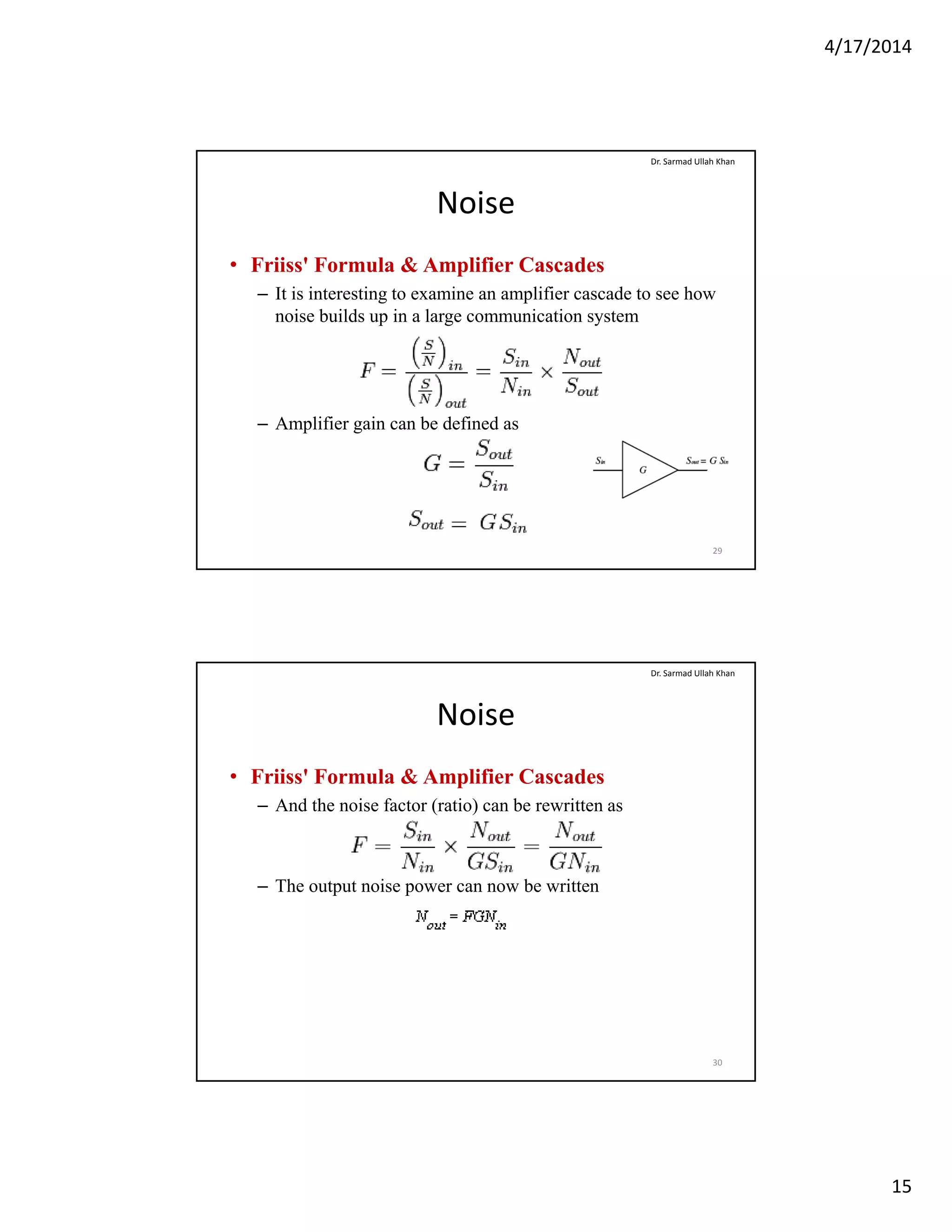 4/17/2014
15
Noise
• Friiss' Formula & Amplifier Cascades
It i i t ti t i lifi d t h
Dr. Sarmad Ullah Khan
– It is interesting to examine an amplifier cascade to see how
noise builds up in a large communication system
– Amplifier gain can be defined asp g
29
Noise
• Friiss' Formula & Amplifier Cascades
A d th i f t ( ti ) b itt
Dr. Sarmad Ullah Khan
– And the noise factor (ratio) can be rewritten as
– The output noise power can now be written
30
 