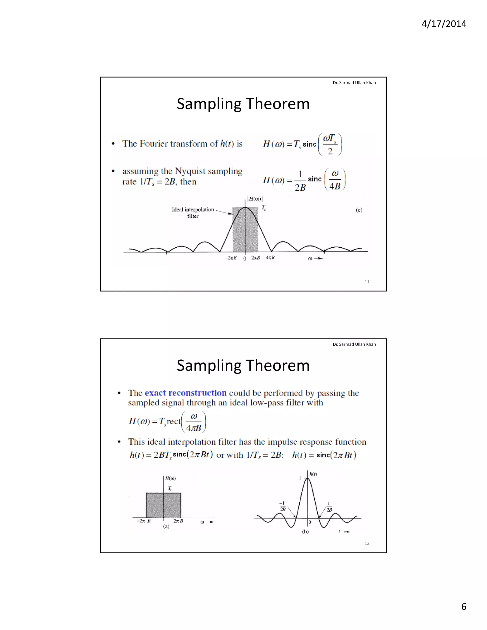 4/17/2014
6
Sampling Theorem
Dr. Sarmad Ullah Khan
11
Sampling Theorem
Dr. Sarmad Ullah Khan
12
 