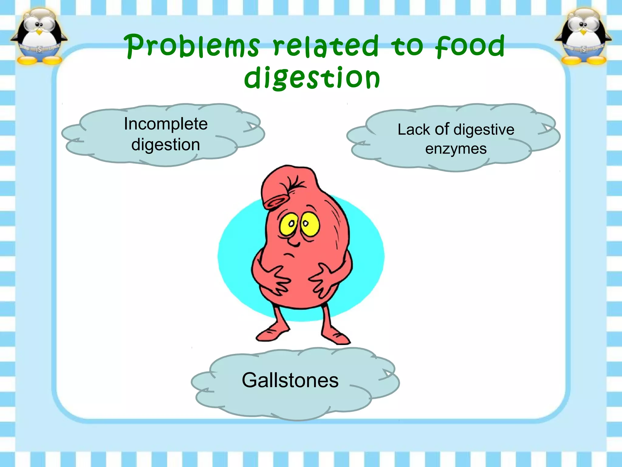 Problems related to food
digestion
Incomplete
digestion
Lack of digestive
enzymes
Gallstones
 