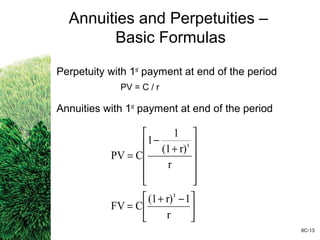 Annuities and Perpetuities –
Basic Formulas
Perpetuity with 1st
payment at end of the period
PV = C / r
Annuities with 1st
payment at end of the period





 −+
=












+
−
=
r
1r)(1
CFV
r
r)(1
1
1
CPV
t
t
6C-13
 