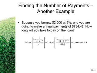 Finding the Number of Payments –
Another Example
• Suppose you borrow $2,000 at 5%, and you are
going to make annual payments of $734.42. How
long will you take to pay off the loan?
6C-19
3t2,000
0.05
0.05)(1
1
1
734.42
r
r)(1
1
1
CPV
tt
=⇒=












+
−
=












+
−
=
 