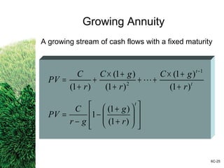 Growing Annuity
A growing stream of cash flows with a fixed maturity
t
t
r
gC
r
gC
r
C
PV
)1(
)1(
)1(
)1(
)1(
1
2
+
+×
++
+
+×
+
+
=
−















+
+
−
−
=
t
r
g
gr
C
PV
)1(
)1(
1
6C-25
 