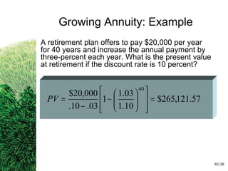 Growing Annuity: Example
A retirement plan offers to pay $20,000 per year
for 40 years and increase the annual payment by
three-percent each year. What is the present value
at retirement if the discount rate is 10 percent?
57.121,265$
10.1
03.1
1
03.10.
000,20$
40
=














−
−
=PV
6C-26
 