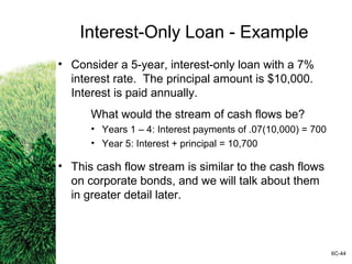 Interest-Only Loan - Example
• Consider a 5-year, interest-only loan with a 7%
interest rate. The principal amount is $10,000.
Interest is paid annually.
What would the stream of cash flows be?
• Years 1 – 4: Interest payments of .07(10,000) = 700
• Year 5: Interest + principal = 10,700
• This cash flow stream is similar to the cash flows
on corporate bonds, and we will talk about them
in greater detail later.
6C-44
 