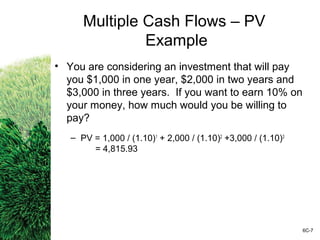 Multiple Cash Flows – PV
Example
• You are considering an investment that will pay
you $1,000 in one year, $2,000 in two years and
$3,000 in three years. If you want to earn 10% on
your money, how much would you be willing to
pay?
– PV = 1,000 / (1.10)1
+ 2,000 / (1.10)2
+3,000 / (1.10)3
= 4,815.93
6C-7
 
