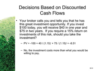 Decisions Based on Discounted
Cash Flows
• Your broker calls you and tells you that he has
this great investment opportunity. If you invest
$100 today, you will receive $40 in one year and
$75 in two years. If you require a 15% return on
investments of this risk, should you take the
investment?
– PV = -100 + 40 / (1.15)1
+ 75 / (1.15)2
= -8.51
– No, the investment costs more than what you would be
willing to pay.
6C-9
 