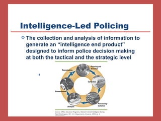 Intelligence-Led Policing 
 The collection and analysis of information to 
generate an “intelligence end product” 
designed to inform police decision making 
at both the tactical and the strategic level 
 