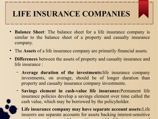 LIFE INSURANCE COMPANIES 
● Balance Sheet: The balance sheet for a life insurance company is 
similar to the balance sheet of a property and casualty insurance 
company. 
● The Assets of a life insurance company are primarily financial assets. 
● Differences between the assets of property and casualty insurance and 
life insurance : 
– Average duration of the investments:life insurance company 
investments, on average, should be of longer duration than 
property and casualty insurance company investments. 
– Savings element in cash-value life insurance:Permanent life 
insurance policies develop a savings element over time called the 
cash value, which may be borrowed by the policyholder. 
– Life insurance company may have separate account assets:Life 
insurers use separate accounts for assets backing interest-sensitive 
products, such as variable annuities, variable life insurance, and 
 