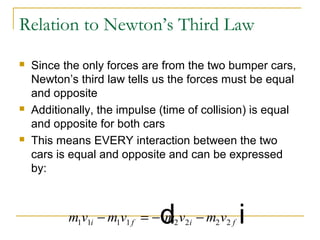 Relation to Newton’s Third Law 
 Since the only forces are from the two bumper cars, 
Newton’s third law tells us the forces must be equal 
and opposite 
 Additionally, the impulse (time of collision) is equal 
and opposite for both cars 
 This means EVERY interaction between the two 
cars is equal and opposite and can be expressed 
by: 
m1v1i m1v1 f m2v2i m2v2 f - = -d - i 
 