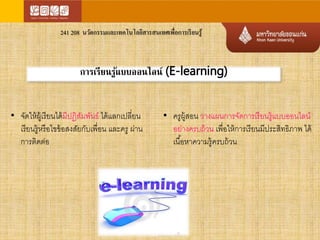 241 208 นวัตกรรมและเทคโนโลยีสารสนเทศเพื่อการเรียนรู้ 
การเรียนรู้แบบออนไลน์ (E-learning) 
• จัดให้ผู้เรียนได้มีปฏิสัมพันธ์ ได้แลกเปลี่ยน 
เรียนรู้หรือไขข้อสงสัยกับเพื่อน และครู ผา่น 
การติดต่อ 
• ครูผู้สอน วางแผนการจัดการเรียนรู้แบบออนไลน์ 
อย่างครบถ้วน เพื่อให้การเรียนมีประสิทธิภาพ ได้ 
เนือ้หาความรู้ครบถ้วน 
 