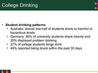 College Drinking
• Student drinking patterns:
• Australia: almost one-half of students drank to harmful or
hazardous levels
• Germany: 80% of university students drank heavily and
20% displayed problem drinking
• 37% of college students binge drink
• 44% reported being drunk within the past 30 days
 