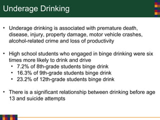Underage Drinking
• Underage drinking is associated with premature death,
disease, injury, property damage, motor vehicle crashes,
alcohol-related crime and loss of productivity
• High school students who engaged in binge drinking were six
times more likely to drink and drive
• 7.2% of 8th-grade students binge drink
• 16.3% of 9th-grade students binge drink
• 23.2% of 12th-grade students binge drink
• There is a significant relationship between drinking before age
13 and suicide attempts
 