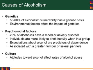 Causes of Alcoholism
• Genetics
• 50-60% of alcoholism vulnerability has a genetic basis
• Environmental factors affect the impact of genetics
• Psychosocial factors
• 20% of alcoholics have a mood or anxiety disorder
• Individuals are more likely to drink heavily when in a group
• Expectations about alcohol are predictors of dependence
• Associated with a greater number of sexual partners
• Culture
• Attitudes toward alcohol affect rates of alcohol abuse
 