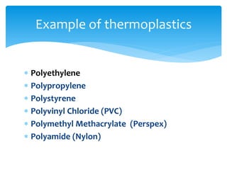  Polyethylene
 Polypropylene
 Polystyrene
 Polyvinyl Chloride (PVC)
 Polymethyl Methacrylate (Perspex)
 Polyamide (Nylon)
Example of thermoplastics
 