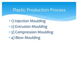 1) Injection Moulding
2) Extrusion Moulding
3) Compression Moulding
4) Blow Moulding
Plastic Production Process
 