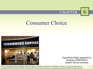 PowerPoint Slides prepared by:
Andreea CHIRITESCU
Eastern Illinois University
PowerPoint Slides prepared by:
Andreea CHIRITESCU
Eastern Illinois University
Consumer Choice
CHAPTER
1© 2013 Cengage Learning. All Rights Reserved. May not be copied, scanned, or duplicated, in whole or in part, except for use as
permitted in a license distributed with a certain product or service or otherwise on a password-protected website for classroom use.
 