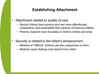 Establishing Attachment
• Attachment related to quality of care
– Secure infants have parents who are more affectionate,
cooperative, and predictable than parents of insecure infants.
– Parents respond more favorably to infant’s smiles and cries.
• Security is related to the infant’s temperament
– Mothers of “difficult” children are less responsive to them.
– Mothers report feeling more distant from infant
 