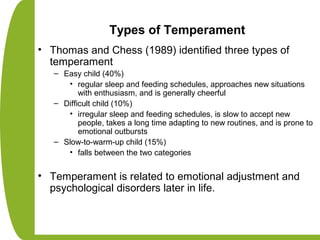 Types of Temperament
• Thomas and Chess (1989) identified three types of
temperament
– Easy child (40%)
• regular sleep and feeding schedules, approaches new situations
with enthusiasm, and is generally cheerful
– Difficult child (10%)
• irregular sleep and feeding schedules, is slow to accept new
people, takes a long time adapting to new routines, and is prone to
emotional outbursts
– Slow-to-warm-up child (15%)
• falls between the two categories
• Temperament is related to emotional adjustment and
psychological disorders later in life.
 
