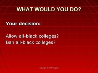 Your decision:Your decision:
Allow all-black colleges?Allow all-black colleges?
Ban all-black colleges?Ban all-black colleges?
Copyright © 2011 CengageCopyright © 2011 Cengage
WHAT WOULD YOU DO?WHAT WOULD YOU DO?
 
