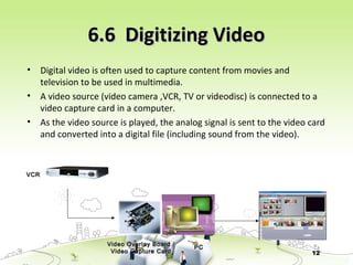 12
6.6 Digitizing Video6.6 Digitizing Video
• Digital video is often used to capture content from movies and
television to be used in multimedia.
• A video source (video camera ,VCR, TV or videodisc) is connected to a
video capture card in a computer.
• As the video source is played, the analog signal is sent to the video card
and converted into a digital file (including sound from the video).
VCRVCR
Video Overlay Board /Video Overlay Board /
Video Capture CardVideo Capture Card
PCPC
 
