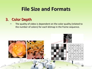 19
File Size and FormatsFile Size and Formats
3.3. Color DepthColor Depth
– The quality of video is dependent on the color quality (related to
the number of colors) for each bitmap in the frame sequence.
 